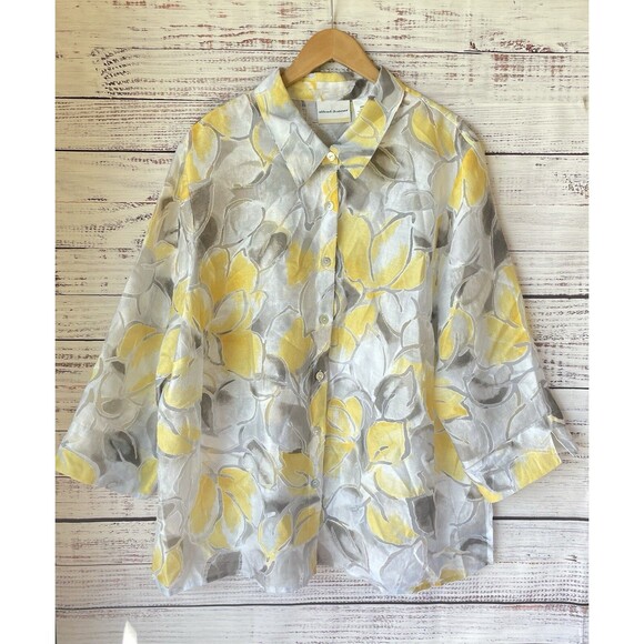 Plus Size 20W Floral Burnout Button Up Blouse Topper Semi Sheer Yellow Gray BOHO - Picture 1 of 10
